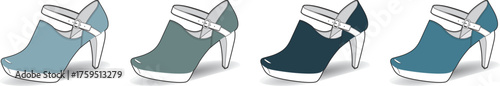 Stylish women's platform high-heeled shoes in various blue and green shades, perfect for modern fashion design concepts and footwear illustrations
