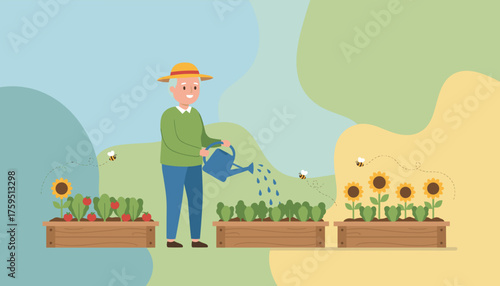 Happy senior man waters a vibrant home garden with vegetables sunflowers and bees Healthy living
