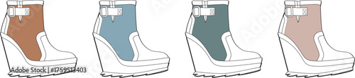Vector illustration of a modern women's wedge sneaker boot concept, presented in a set of four stylish color palettes