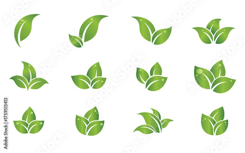 Vector art of collection of green leaf icons and symbols representing nature, growth, and ecology