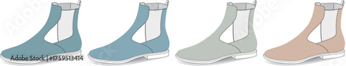 Colorful collection of modern women's ankle boots in a variety of pastel shades. Vector illustration set of stylish Chelsea-style footwear isolated on a white background