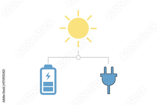 Vector art of solar energy charging battery and powering electrical plug, concept of renewable energy and storage