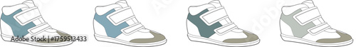 Set of classic high-top athletic shoes in different color palettes. A stylish collection of colorful sneakers for fashion and lifestyle concepts