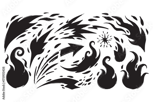 Vector art of collection of black ink brush stroke elements representing fire, explosions, and abstract energy bursts