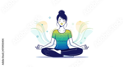 A woman meditating in a lotus pose with calming energy surrounding her.