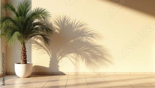 Wallpaper Mural Potted palm tree stands by beige wall. Sunlight casts big shadow of plant on clean background. Tiled floor gets warm light. Modern minimalist space feels calm, fresh, serene, ideal for pristine home Torontodigital.ca