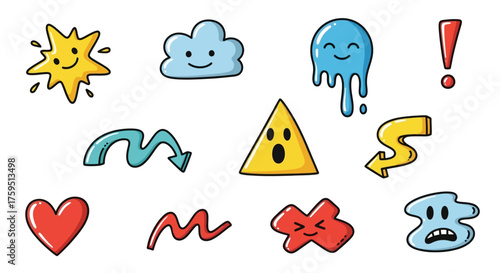 Cartoon image shows happy sun cloud teardrop and a shocked triangle along with other doodles