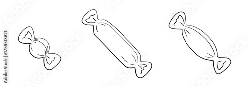 Vector hand drawn candies with twisted wrappers, minimal lineart style isolated on white background, perfect for sweet clipart, holiday design packs, confectionery illustration and creative collection