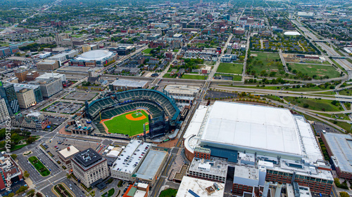 Comerica Park and Little Caesars Arena in Detroit. Drone aerial photo of Comerica Park baseball stadium and Little Caesars Arena in downtown Detroit, Michigan.