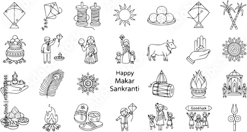 Makar Sankranti and Pongal festival outline icons set. Traditional Hindu celebration symbols including kites, sweets, sun, cow, and family, in line art style for web and print.