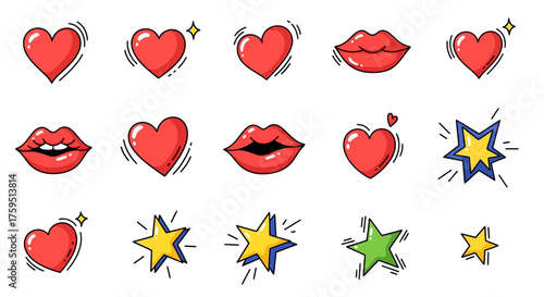 Cartoon stickers feature red hearts lips  yellowgreen stars on a white background