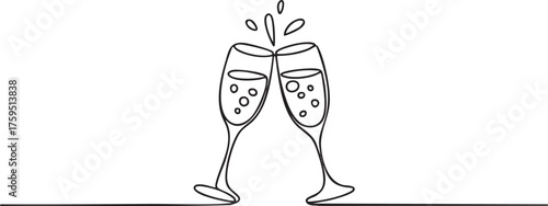 Continuous one line drawing of champagne glasses clinking symbolizing celebration, joy, and New Year party in minimalist festive art style