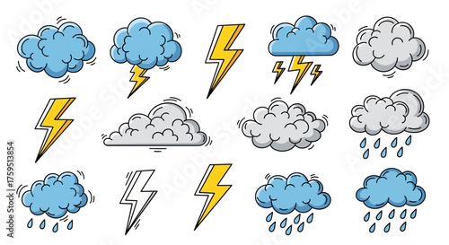Cartoon weather icons of clouds rain  lightning bolts on a white background