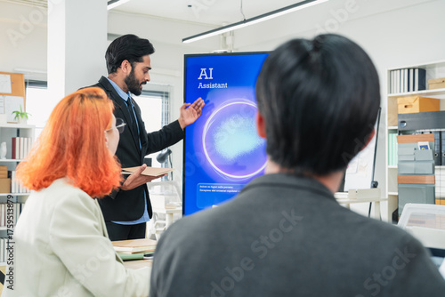 group of multicultural male and female professionals meet inside a contemporary office, leveraging artificial intelligence and big data analytics to brainstorm, exchange ideas, and build adaptive 