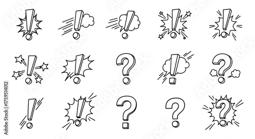 Cartoonstyle question marks and exclamation points in black and white