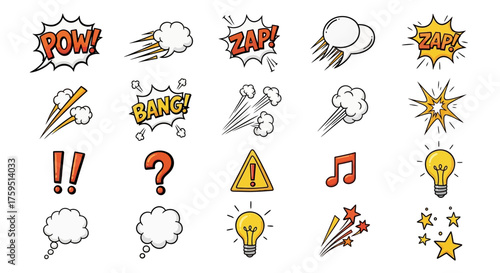Cartoonstyle images of exclamation marks lightbulbs stars and comic sound effects