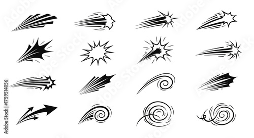 Collection of 16 stylized speed and motion graphics Black lines on a white background