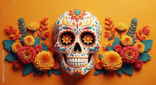 Vibrant sugar skull decorated with colorful flowers and foliage