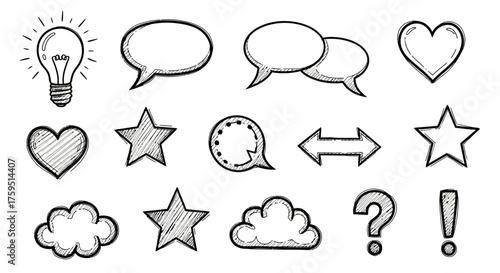 Collection of doodlestyle icons bulb hearts speech bubbles stars clouds arrow question and exclamation mark