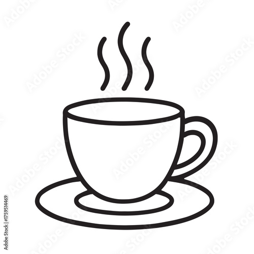 Simple line drawing of a steaming cup of coffee on a saucer