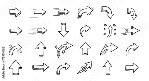 Collection of twentyfour handdrawn black arrows pointing in different directions