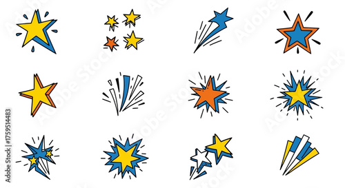 Collection of twelve cartoonstyle stars each with a different shape color or design