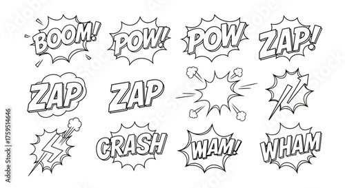 Comic book sound effects BOOM POW ZAP CRASH WHAM depicted in outlined stylized bursts