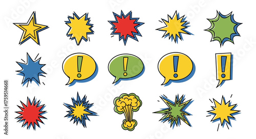 Comic book style graphic symbols stars explosions and speech bubbles with exclamation points in various colors