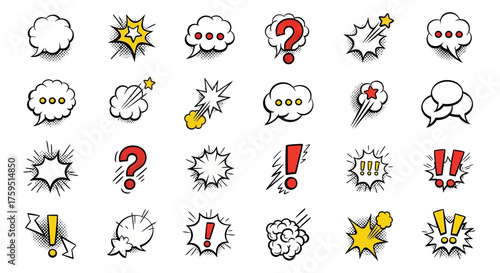 Comicstyle graphics of speech bubbles question marks  exclamation points Pop art aesthetic