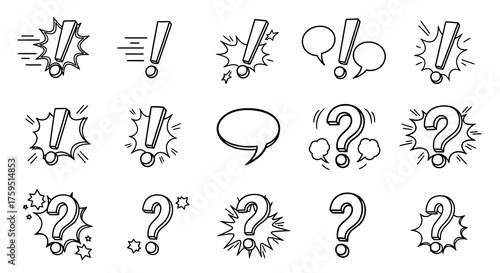 Comicstyle icons of exclamation points question marks and speech bubbles in various outline designs