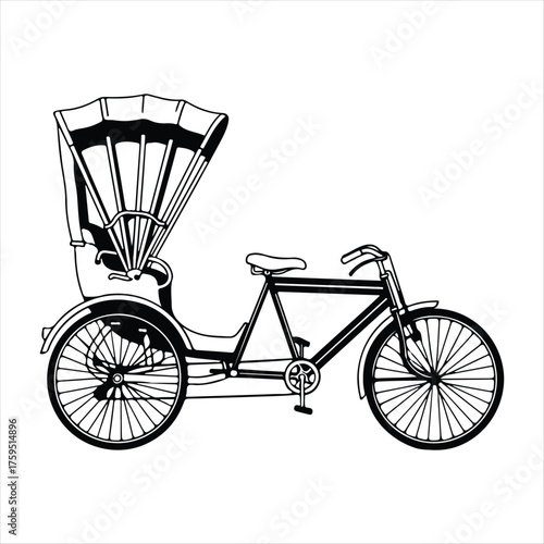 Illustration of a traditional bicycle rickshaw, a threewheeled passenger cart pulled by a cyclist, silhouette art design