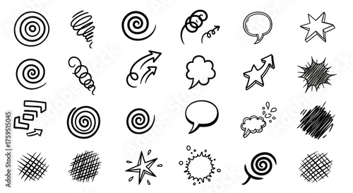 Doodle art featuring varied handdrawn icons in rows including spirals arrows stars speech bubbles and crosshatching