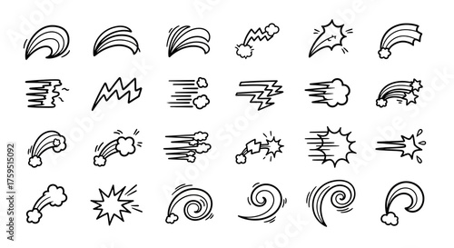 Doodle sheet Twentyfour cartoonish speed lines  rainbows in varied directions and formations drawn with thick black outlines