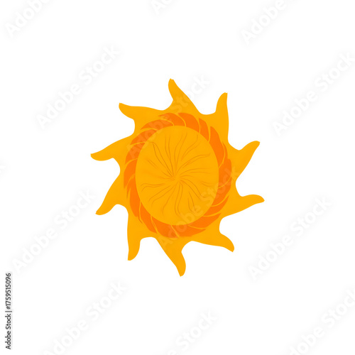 A sun constructed entirely from overlapping golden ratio spirals in a vibrant, flat orange and yellow palette. Style_ Sacred Geometry, Minimalist