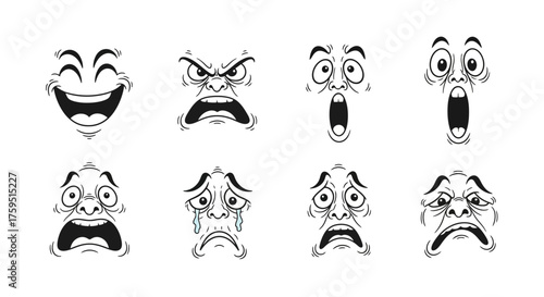 Eight cartoon faces expressing various emotions in black and white arranged in two rows