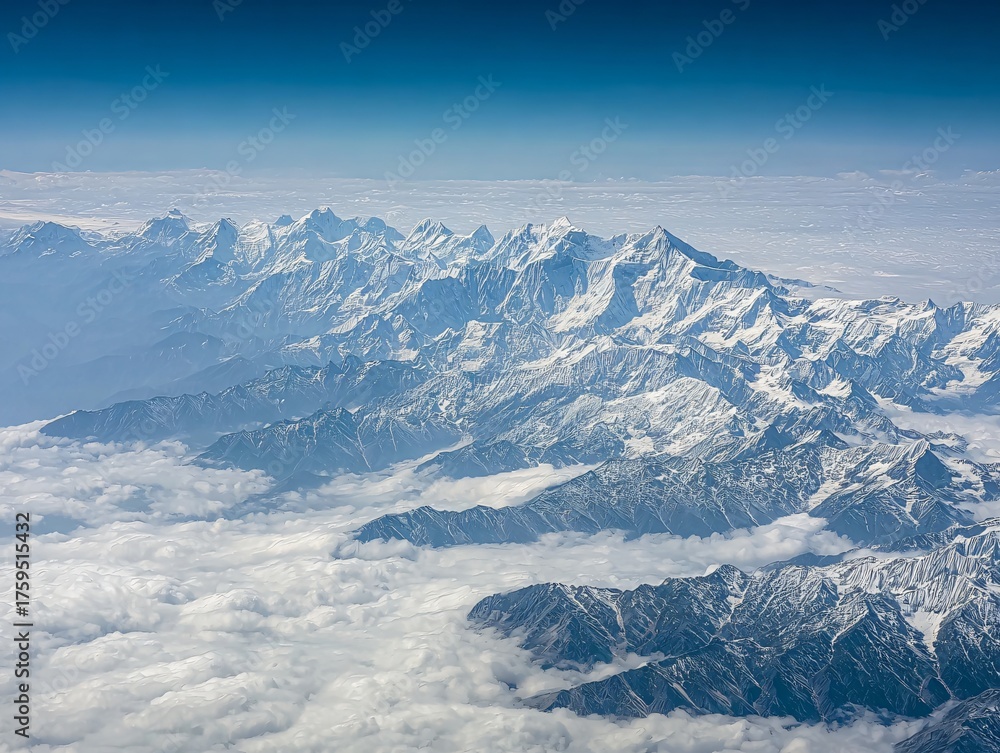 Obraz premium A breathtaking aerial view of snow-capped mountain peaks rising above a sea of clouds, showcasing the majestic beauty of high-altitude landscapes.