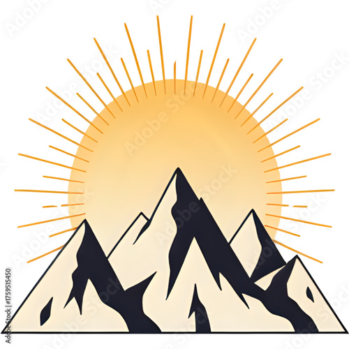 Art Deco vector of snow-capped mountains, defined by radiating sun rays and symmetrical, tiered peaks, luxurious gold accents