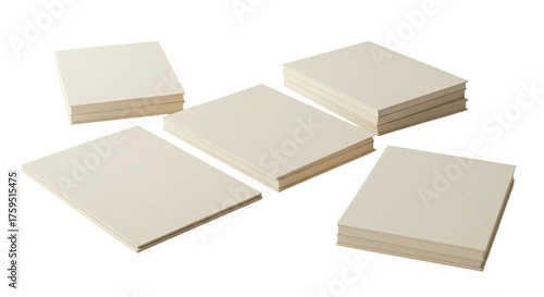 Stacks of blank beige sticky notes isolated on white background, perfect for office or organizational use