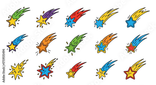 Fifteen cartoon shooting stars each with unique color combinations and slight variations in design