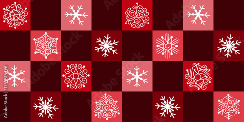 Seamless vector pattern with snowflakes in openwork style on dark red background. Flat illustration in traditional Christmas color palette.