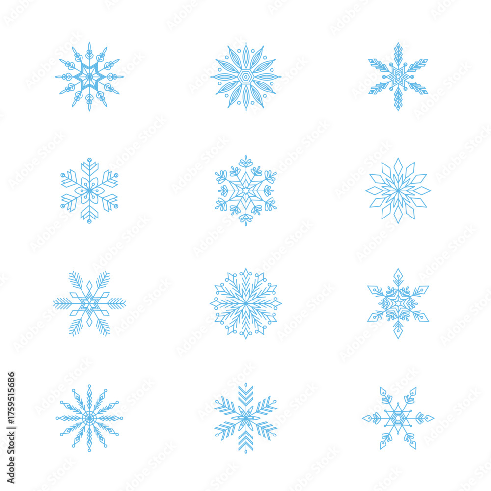Fototapeta premium Twelve Blue Snowflake Graphics on White Background isolated on white background