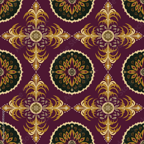 seamless damask patternGreen and yellow flower on red background