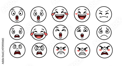 Fifteen emoji faces showcasing diverse emotions arranged in a grid on a white background