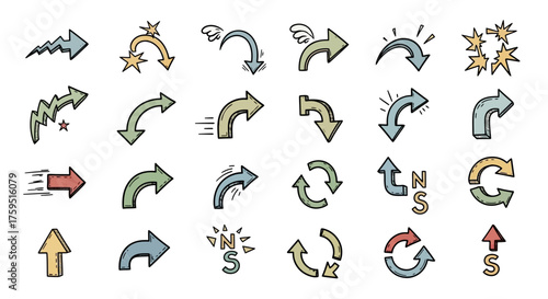 Handdrawn arrow doodles assorted shapes directions and embellishments in muted colors