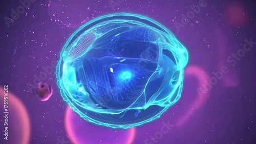 Abstract glowing blue jellyfishlike organism in purple nebula with stars