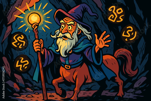 Centaur wise cave staff symbols surrounded s wizard holding floating icon magical