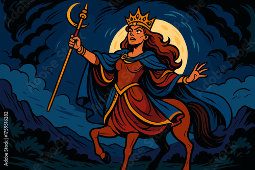 Icon centaur staff female flowing queen adorned raising moonlight regal robes vector