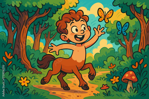 Icon chase centaur forest chasing magical energy butterflies playful whimsical vector