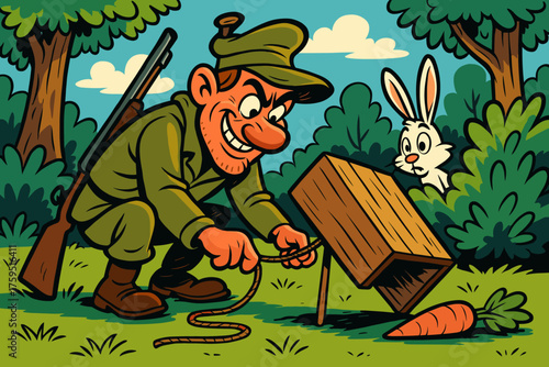 Cunning from behind setting hunter bush icon rabbit vector mischievous trap s