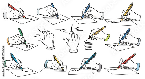 Hands are depicted writing on paper with various pens